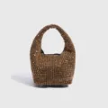 Bolso de mano hobo con pedrería brillante para mujer, elegante bolso bombonera de bronce. - Dorado