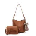 Elegant brown leather bucket bag set with matching crossbody bag and stylish scarf accessory. - Caramel color