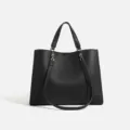 Black Litchi Pattern Tote Bag, Large Capacity Casual Shoulder Bag with Double Handles - Black