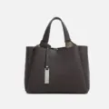 Dark brown pebbled leather women's shoulder bag, stylish casual tote with metal charm. - Chocolate