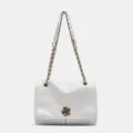 White leather shoulder bag with chain strap and chic flower lock for women fashion style. - S / White