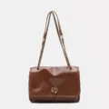 Women stylish brown shoulder bag with metal chain strap and cute flower clasp for daily commuting. - S / Caramel color