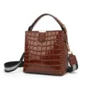 Bolso cubo de mujer de charol marrón con patrón de cocodrilo bolso cruzado - Café