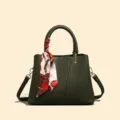 Dark green large capacity handbag with elegant silk scarf variant, stylish shoulder crossbody bag. - Green