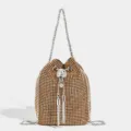 Elegante bolso de cubo de malla de cristal de diamantes de imitación con correa de cadena. - Naranja