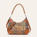 Bolso de axila de corcho étnico, ribete de cuero marrón, variante de bolso elegante. - Cuadrícula Grande