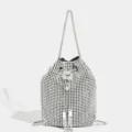 Sparkly rhinestone bucket bag with crystal panther clasp and chic chain strap for party. - White