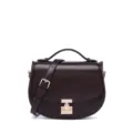 Dark brown vintage saddle bag featuring top handle and stylish metal lock closure for women. - Chocolate