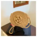 Cute round cotton rope woven crossbody bag with 3D flower design, perfect for beach and vacation. - Khaki