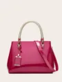Stylish candy color patent leather handbag with gold woven top handle and shoulder strap. - Rose Red