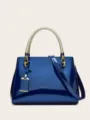 Blue patent leather handbag with braided metal handle and shoulder strap for women daily use. - Blue