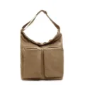 Khaki canvas shoulder bag, casual messenger bag with dual front utility pockets for commute. - Khaki