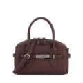 Versatile brown leather bowling handbag with top handles, shoulder strap and metal lock. - Coffee