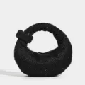 Bolso de mano hobo dumpling de pedrería negra, elegante bolso de noche con asa de nudo. - Negro