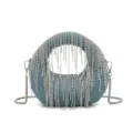 Blue denim rhinestone dumpling handbag, sparkling crystal fringe, trendy stylish crossbody bag. - Denim Blue