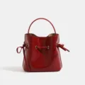 Bolso cubo rojo brillante para mujer, elegante bolso de mano con cordón y asa superior. - Rojo