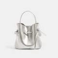 Bolso cubo metálico plateado para mujer, elegante bolso de mano con asa, moda casual. - Plateado