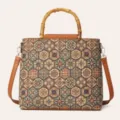 Bolso de mano con estampado de corcho y asa de bambú, bolso bandolera estilo vintage retro variante. - Cuadrícula Hexagonal