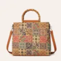 Bolso de mano de corcho vintage con estampado de azulejos y asa de bambú, elegante bolso. - Cuadrícula Grande