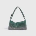 Sparkly rhinestone shoulder bag with gradient green crystals, chic knotted strap and secure zipper. - Light Green