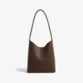Brown pebbled leather shoulder bag, minimalist bucket tote purse for women daily commute. - Chocolate