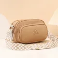 Three-layer litchi pattern women's crossbody bag with a chic woven wide strap for daily use. - Khaki