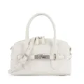White leather shoulder bag, stylish top handle bowling bag with metal lock and strap design. - Off White