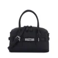 Black leather shoulder handbag, stylish bowling tote bag with top handles and strap. - Black