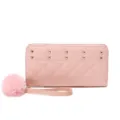 Pink quilted long wallet with wrist strap and cute pom pom charm for women casual use. - Pink