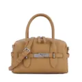 Classic camel leather bowling bag with top handles, shoulder strap and metal lock detail. - Biscuit