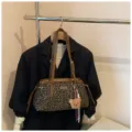Leopard print shoulder bag, retro commute handbag with brown straps and cute bear pendant. - Green With Pendant