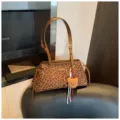 Leopard print shoulder bag for women vintage retro underarm handbag stylish tote bag - Brown With Pendant