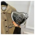 Sac bandoulière métallique en forme de cœur pour femme, sac à main brillant tendance - Argent