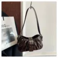 Brown patent leather pleated shoulder bag with buckle strap for women trendy daily wear. - Coffee