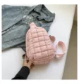Pink quilted puffer chest bag for women, stylish casual nylon sling crossbody bag daily commute. - Pink
