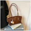 Brown PU leather shoulder bag for women, chic vintage tote with cute keychain and double straps. - Brown With Pendant