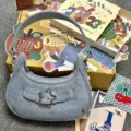 Denim star buckle underarm bag vintage style french baguette shoulder bag for women - Blue Denim