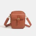 Borsa a tracolla in pelle PU marrone, piccola borsa con tasca frontale e cerniera zip. - Marrone