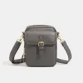 Stylish grey PU leather vertical crossbody bag with front pocket and gold hardware variant. - Gray