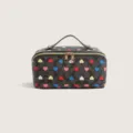 Stilvolle Kosmetiktasche mit Monogramm-Muster und bunten Herzen, tragbare Make-up-Tasche. - Schwarz