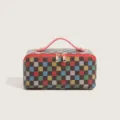 Multicolor checkered makeup bag with red handle, large capacity travel cosmetic organizer. - Red