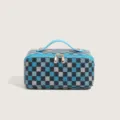 Blue black checkered cosmetic bag large capacity portable travel makeup organizer pouch. - Sky Blue