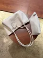 White woven shoulder bag set with heart pendant, large capacity casual tote bag for women. - White Woven Bag