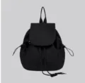 Black nylon backpack casual daily commuter school bag with flap drawstring side pockets - Solid Black