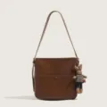 Brown leather shoulder bag with cute bunny keychain, stylish hobo underarm bag for women. - No Pendant / Coffee