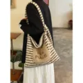 Cozy brown and white striped plush tote bag with front pocket, large capacity shoulder bag. - 38x3x35cm / Brown Stripe