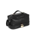 Black PU leather cosmetic bag large capacity travel makeup organizer with handle and zippers - Black