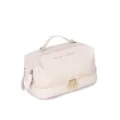 Multi-layer PU leather travel cosmetic bag in beige with gold zippers and handle for women. - Off White