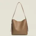 Brown PU leather bucket bag for women, stylish large capacity shoulder tote bag. - Khaki