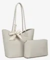 Detailed view of the light grey tote bag with pouch and elegant ribbon accessory design. - Off White